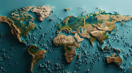 A textured world map with raised relief details showcasing the earth's surface and underwater features, giving a tactile sense of global geography.