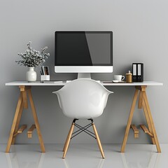 white computer desk with wood legs, white top and wooden legged chair in front of it
