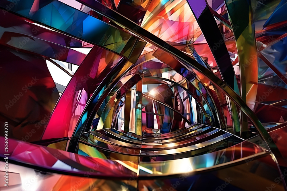 Poster abstract composition with geometric intersecting curved shapes in vibrant colors. generative ai