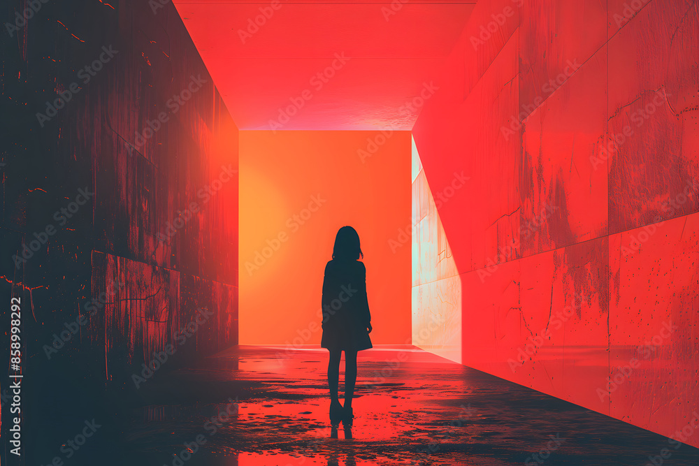 Poster minimalist architecture with silhouette in colorful light and shadow.