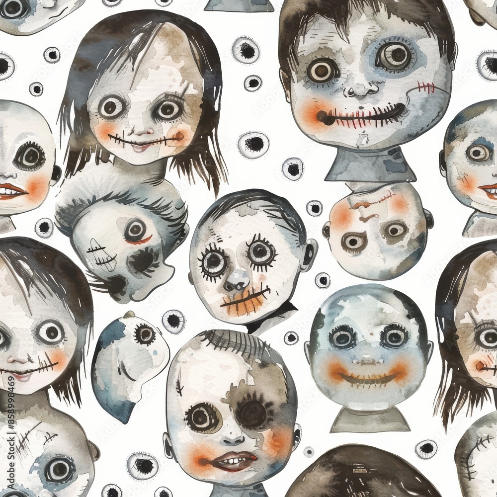 Aufkleber this image features a seamless watercolor pattern of spooky dolls with stitched mouths and exaggerat