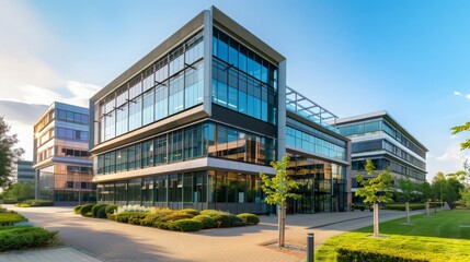 Commercial office building exterior with modern architecture, glass facades, and landscaped surroundings, illustrating a professional and attractive corporate headquarters 