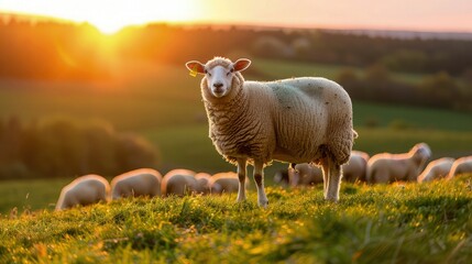 Obraz premium Sheeps in a meadow on green grass at sunset. Portrait of sheep. Flock of sheep grazing in a hill.