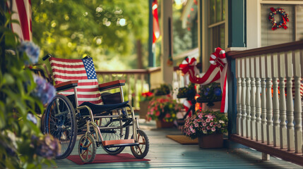 a wheelchair adorned with American flag resting on the front porch with 4th of July festive decorations 