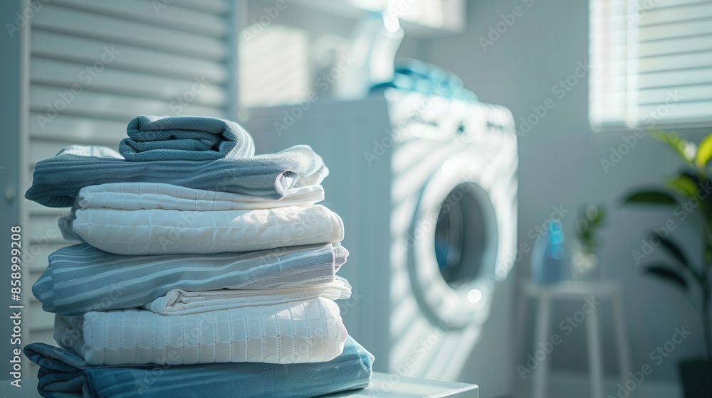 Poster A stack of neatly folded laundry sits on a countertop in front of a washing machine. Generative AI