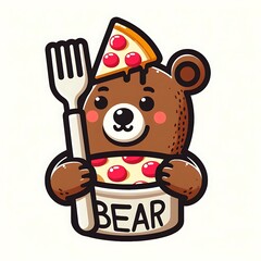 A cartoon of a bear design colours drawing graphic holding a fork and pizza eyecatching highquality...