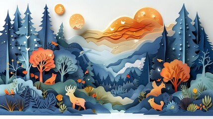 Paper-cut adventure: children explore a magical forest teeming with mythical creatures and legendary deities. Illustration, Minimalism,
