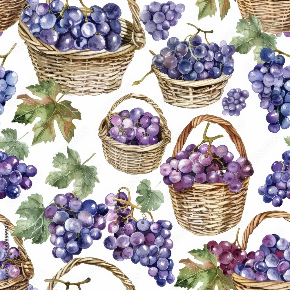 Poster this image is a watercolor illustration of wicker baskets filled with grapes and vines. the baskets 