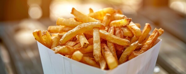 French fries in a white paper container, close-up shot against blurred outdoor background. Fast food and casual dining concept