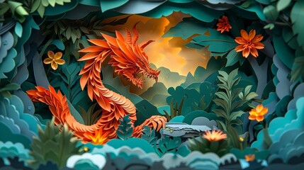 Fototapeta premium Mythical woodland discovery: intricate paper craft illustrates kids meeting gods, demons, and fierce animals. Illustration, Minimalism,