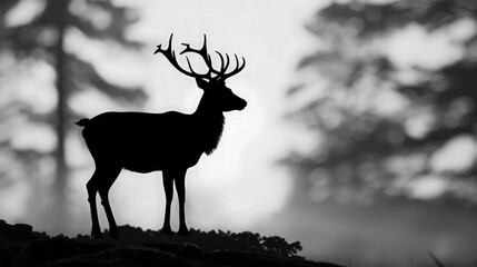 silhouette reindeer over blurred natural tree forest background:hand drawing deer wildlife concept.black and white backdrop.