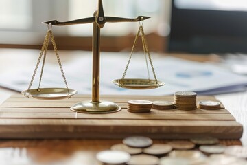 Image of a scale balancing coins and a financial document, symbolizing the balance between income and expenses, financial equity, and budget management 