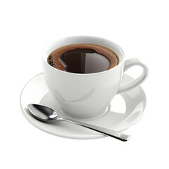 A white cup of coffee on a white saucer with a silver spoon. The coffee is black and steaming.