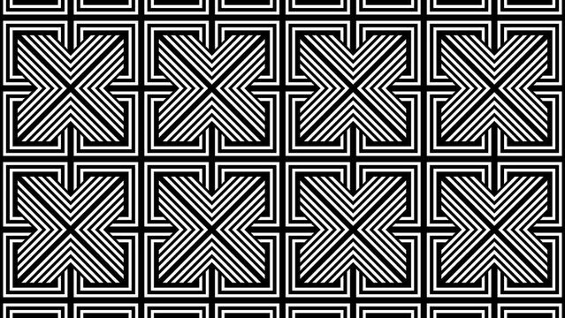 High-quality animation with seamless geometric patterns in black and white, featuring abstract and symmetrical designs for textured video backgrounds.