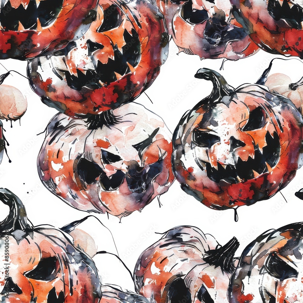 Poster This image features a repeating pattern of watercolor-painted jack-o-lanterns, with various expressions and dripping paint effects. The pumpkins are stylized and seem to be floating on a white backgro