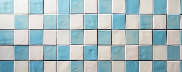 Fototapeta premium Blue and white tiled wall in a geometric pattern, modern interior design concept