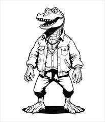 cartoon crocodile wearing a jeans jacket  for streetwaer tshirt design. aligator comic style