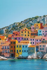 Obraz premium Colorful Village on a Rocky Hillside Overlooking a Blue Sea