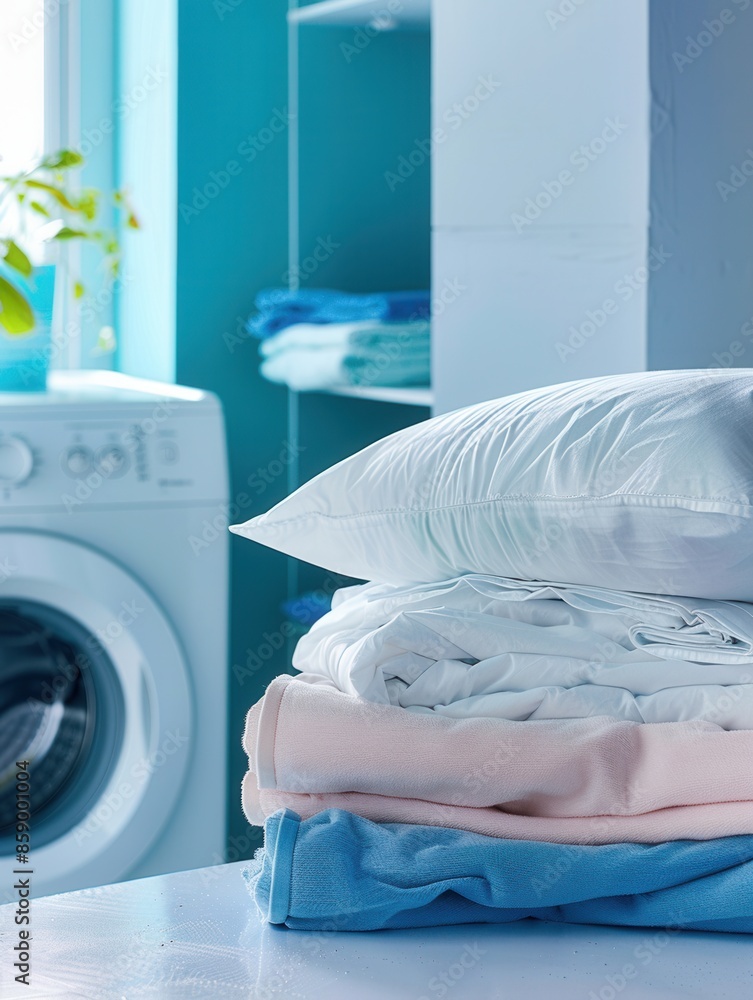 Poster a stack of neatly folded laundry, including a pillow, sits on a white countertop beside a white wash