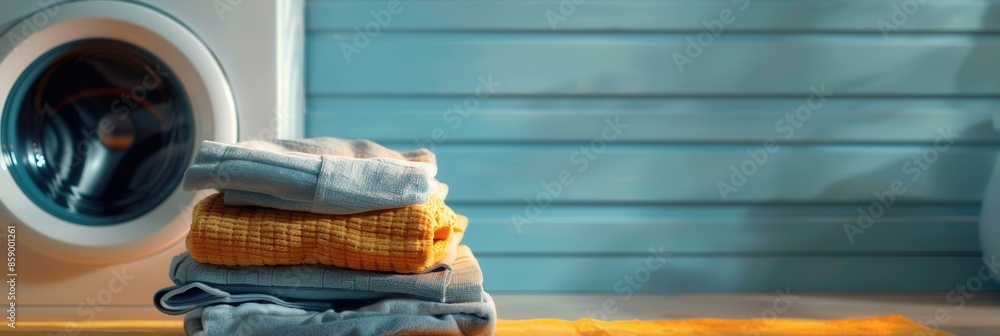 Poster a neatly folded stack of clean laundry sits beside a white washing machine in a modern bathroom. gen