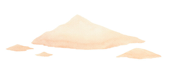 Obraz premium A mountain of sand. Watercolor illustration of sand dunes isolated on a white background, hand-drawn. A decorative element for design, decoration, and a banner with a place for text. Beige mountain.