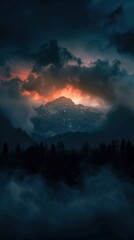 Naklejka premium Mountain Peak Through the Clouds