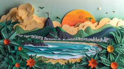 A beautiful papercraft depiction of Rio de Janeiro, showcasing Christ the Redeemer, Sugarloaf Mountain, and Copacabana Beach, capturing the city's vibrant spirit and natural beauty. Illustration,