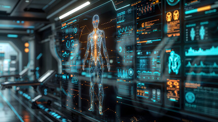 Futuristic Medical Interface Displaying Human Anatomy and Vital Signs