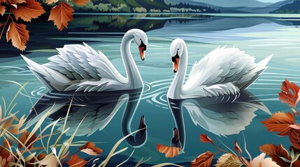swan couple on the lake paper art illustration.