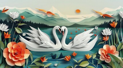 swan couple on the lake paper art illustration.