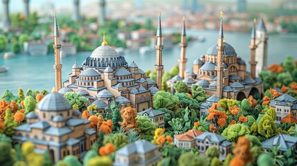 Obraz premium A captivating papercraft view of Istanbul, with the Hagia Sophia, Blue Mosque, and the Bosphorus Strait, illustrating the city's unique blend of European and Asian influences. Illustration,