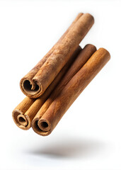 Flying cinnamon stick on isolate white background, clipping path, selective focus