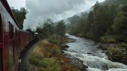 The sound of rushing water echoes through the valley as the train speeds through.