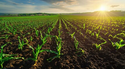 The midday sun shining brightly over a vast field of young corn plants, highlighting the vibrant...