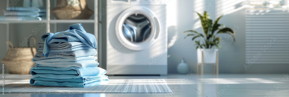 Poster a stack of freshly washed and folded laundry sits on a rug in front of a washing machine. generative