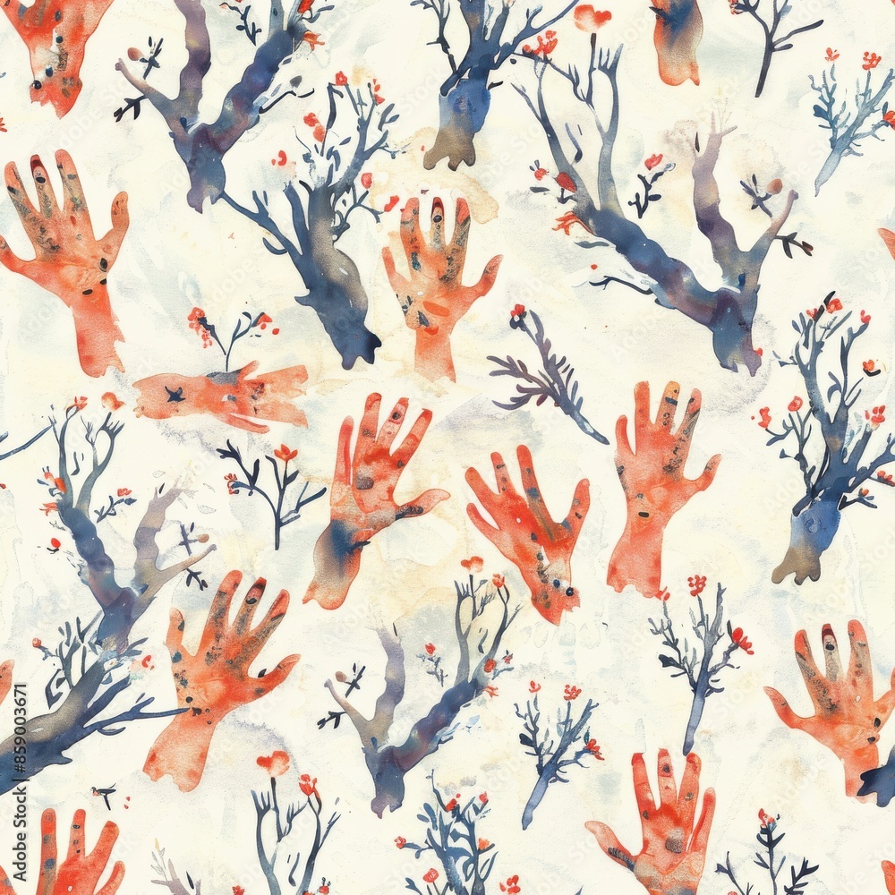 Aufkleber This image is a watercolor painting depicting a repeated pattern of handprints and trees on a white background. The handprints are a light orange color, while the trees are a dark blue-grey. The trees