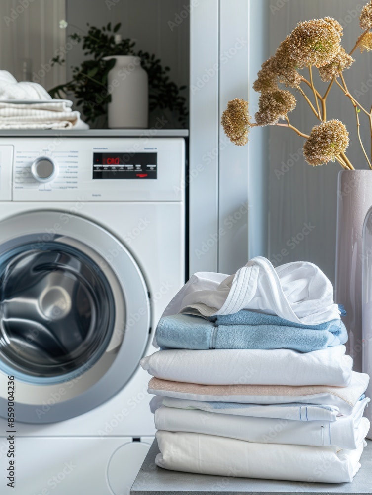 Poster a stack of neatly folded laundry sits beside a modern washing machine in a contemporary home. genera