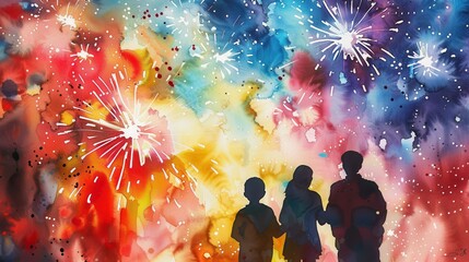 A watercolor painting depicting three silhouettes of people standing in front of a vibrant display of fireworks. The painting features a colorful background of red, orange, yellow, blue, and purple hu