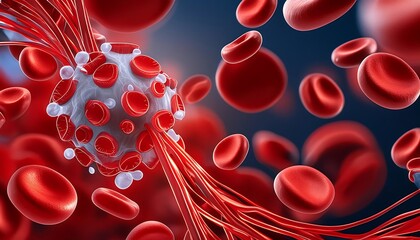 A dramatic scene showing white blood cells attacking a virus