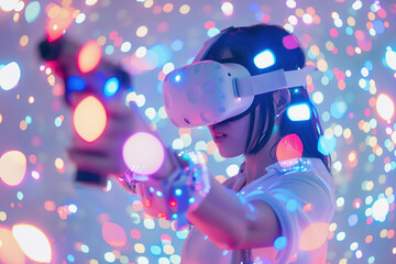 Fototapeta premium Female gamer intensely playing VR shooter game, colorful lights reflecting off her VR headset.