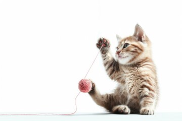 Adorable kitten playing with pink yarn ball, showcasing playful and cute behavior in a bright, minimalistic setting.