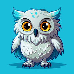 Obraz premium A cute, fluffy white owl with large eyes and a small beak perched on a surface against a bright blue background
