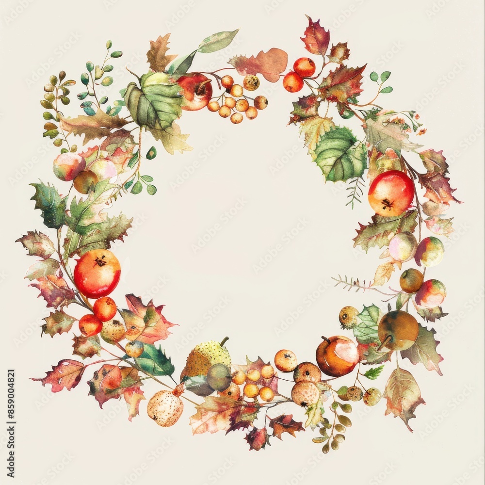 Poster this image features a watercolor painting of an autumn wreath. the wreath is made of leaves, berries