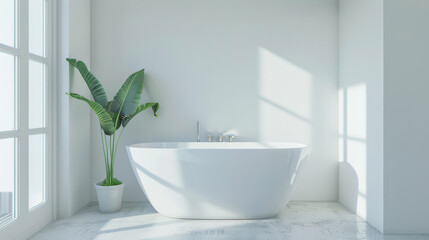 Fototapeta premium A serene, minimalistic bathroom with a freestanding bathtub and a large plant, bathed in natural light through big windows.
