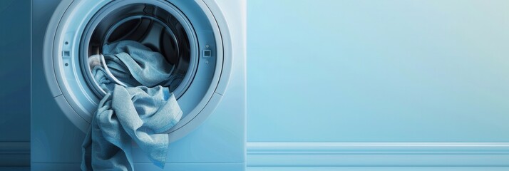 A white washing machine with a blue door, in a modern bathroom, is in the process of cleaning clothes. Generative AI