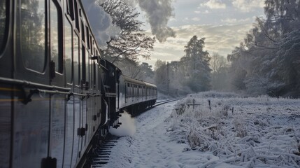 The trains whistle echoes through the quiet winter landscape signaling its arrival.