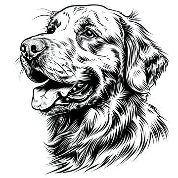 recommend clip art: A black and white drawing of a golden retriever dog