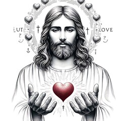 A of a Jesus christ design graphic holding a heart relevant professional.