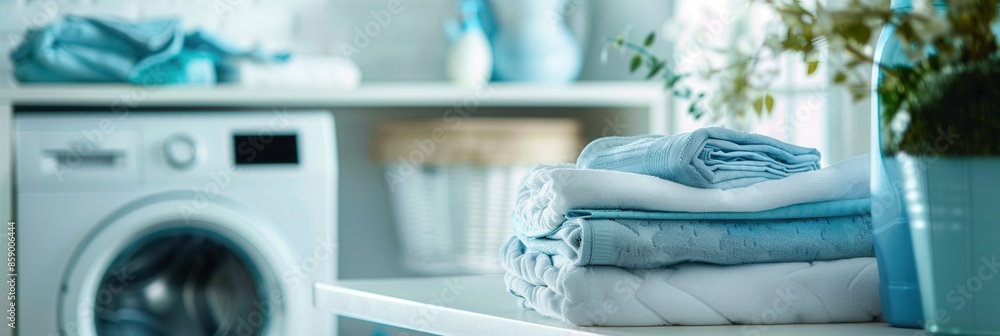 Poster A stack of neatly folded laundry sits on a counter beside a modern washing machine in a laundry room. Generative AI