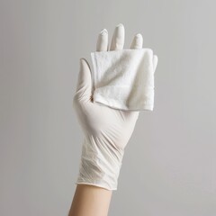 a photo of a gloved hand (medical glove) holding a white washcloth on white background --chaos 5 --style raw Job ID: b7f267d7-b830-4ceb-8843-3c9fc0a6a26e